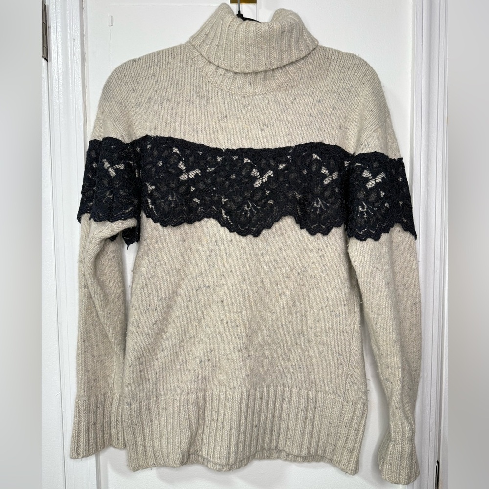 Marisa Webb marled turtleneck sweater w black lace stripe across chest, size s